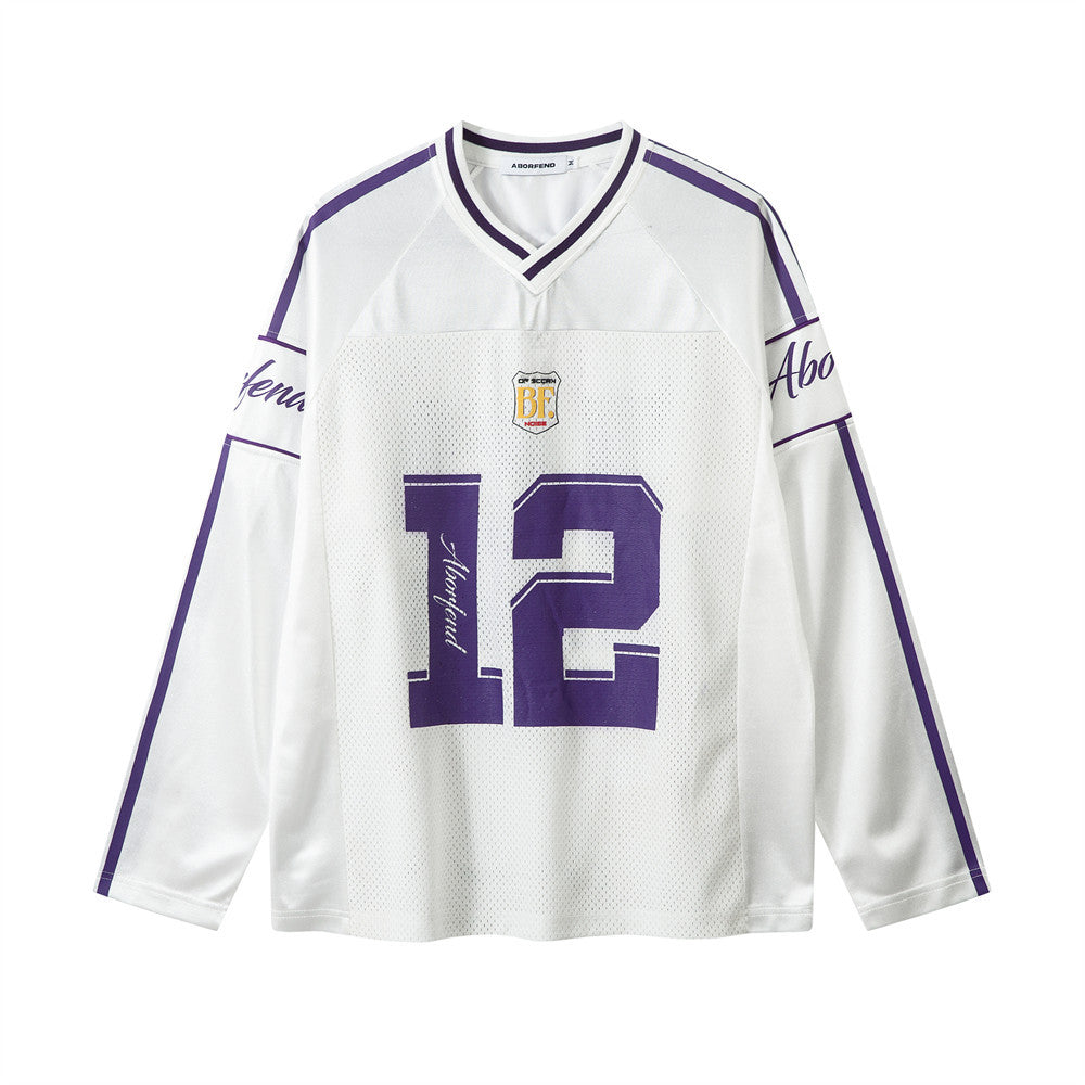 Jersey Top | Oversized Sporty Long Sleeve V-Neck with Trendy Print 1