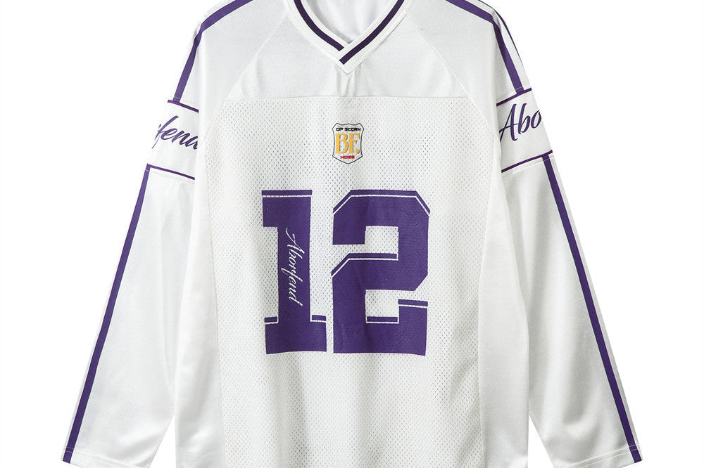 Jersey Top | Oversized Sporty Long Sleeve V-Neck with Trendy Print 1