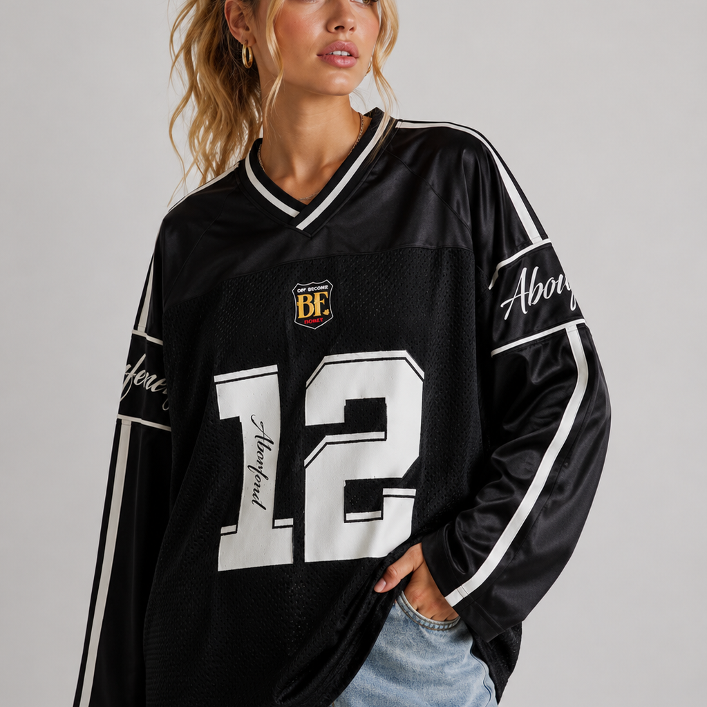 Jersey Top | Oversized Sporty Long Sleeve V-Neck with Trendy Print 4