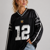 Jersey Top | Oversized Sporty Long Sleeve V-Neck with Trendy Print 4