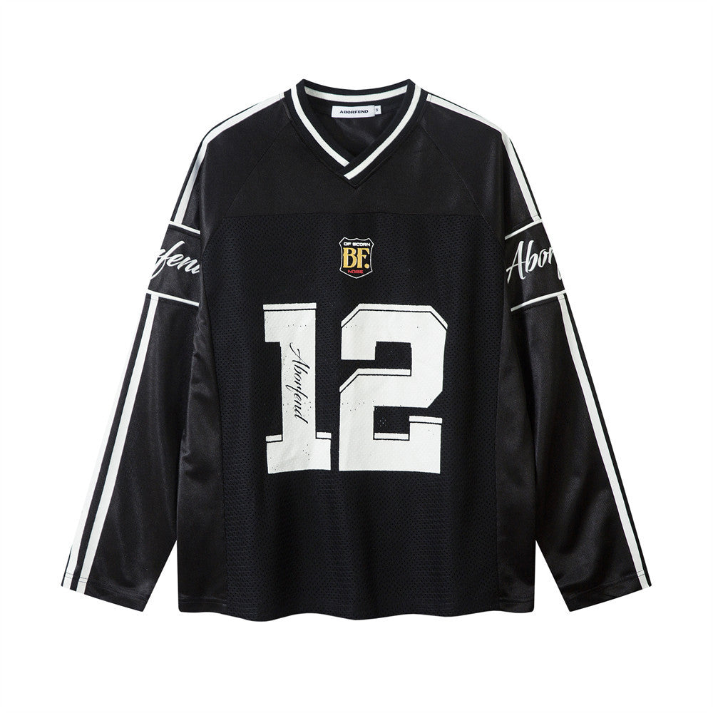 Jersey Top | Oversized Sporty Long Sleeve V-Neck with Trendy Print 5