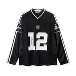 Jersey Top | Oversized Sporty Long Sleeve V-Neck with Trendy Print 5