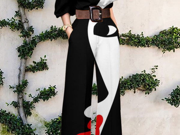 Jumpsuit | Abstract Art Print Wide-Leg Outfit | Elegant Stylish One-Shoulder Design 0