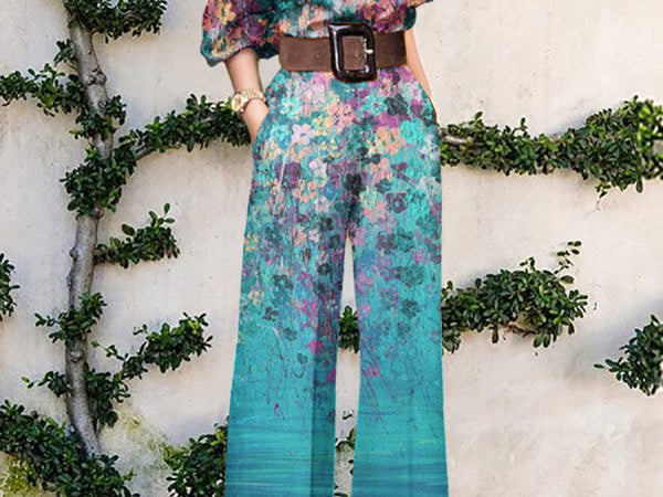 Jumpsuit | Abstract Art Print Wide-Leg Outfit | Elegant Stylish One-Shoulder Design 5