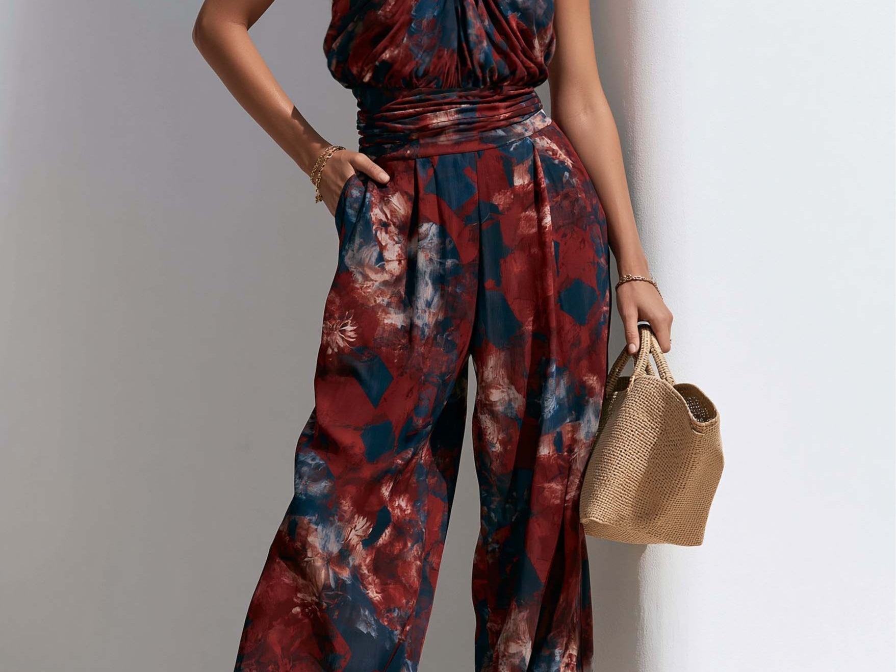 Jumpsuit | Floral Pattern Halter Neck Wide Leg Elegant Outfit 0