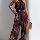 Jumpsuit | Floral Pattern Halter Neck Wide Leg Elegant Outfit 0