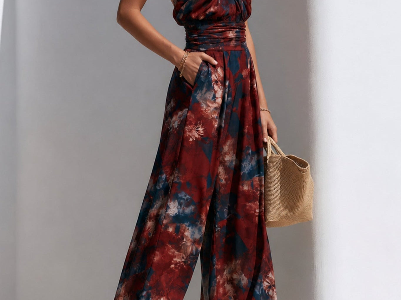 Jumpsuit | Floral Pattern Halter Neck Wide Leg Elegant Outfit 1