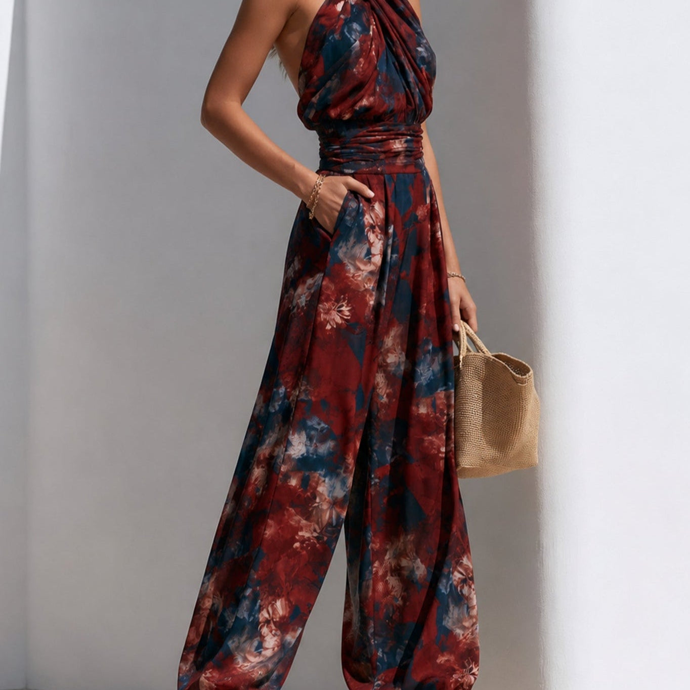 Jumpsuit | Floral Pattern Halter Neck Wide Leg Elegant Outfit 1