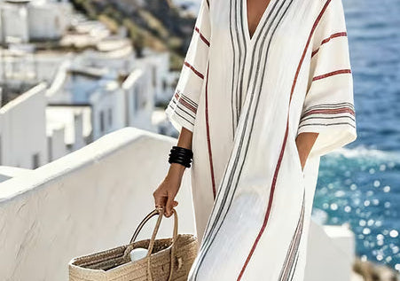 Kaftan Dress | Elegant V-Neck Striped Beachwear for Summer 0