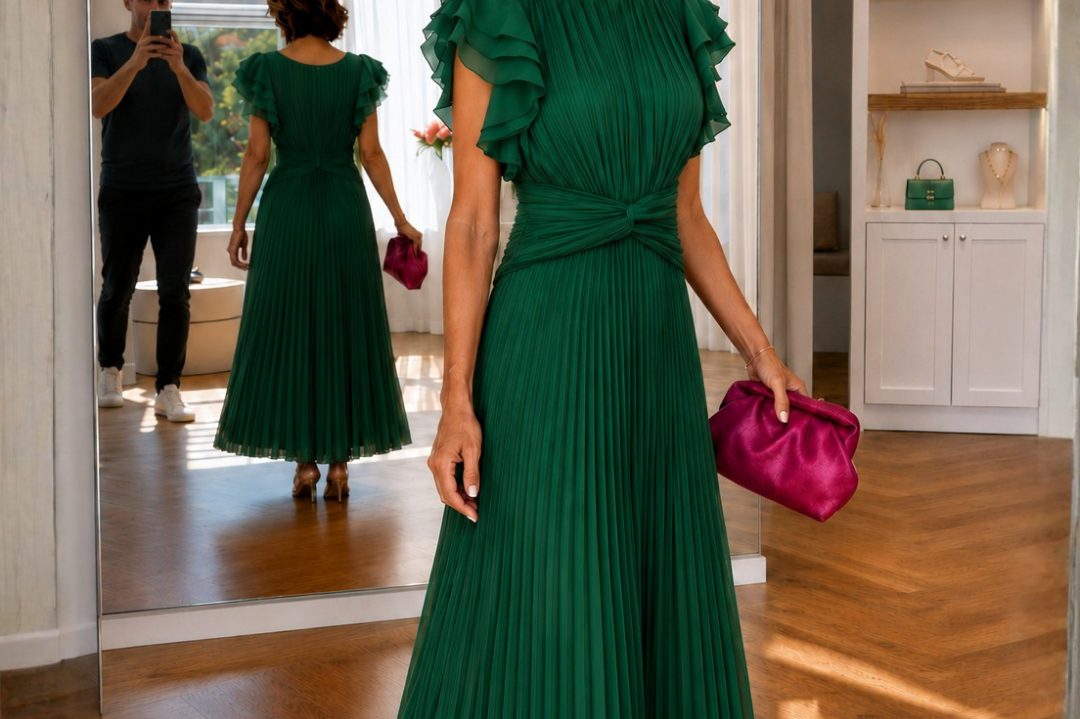 Women's Pleated Midi Dress | Elegant Flowing Occasion Dress