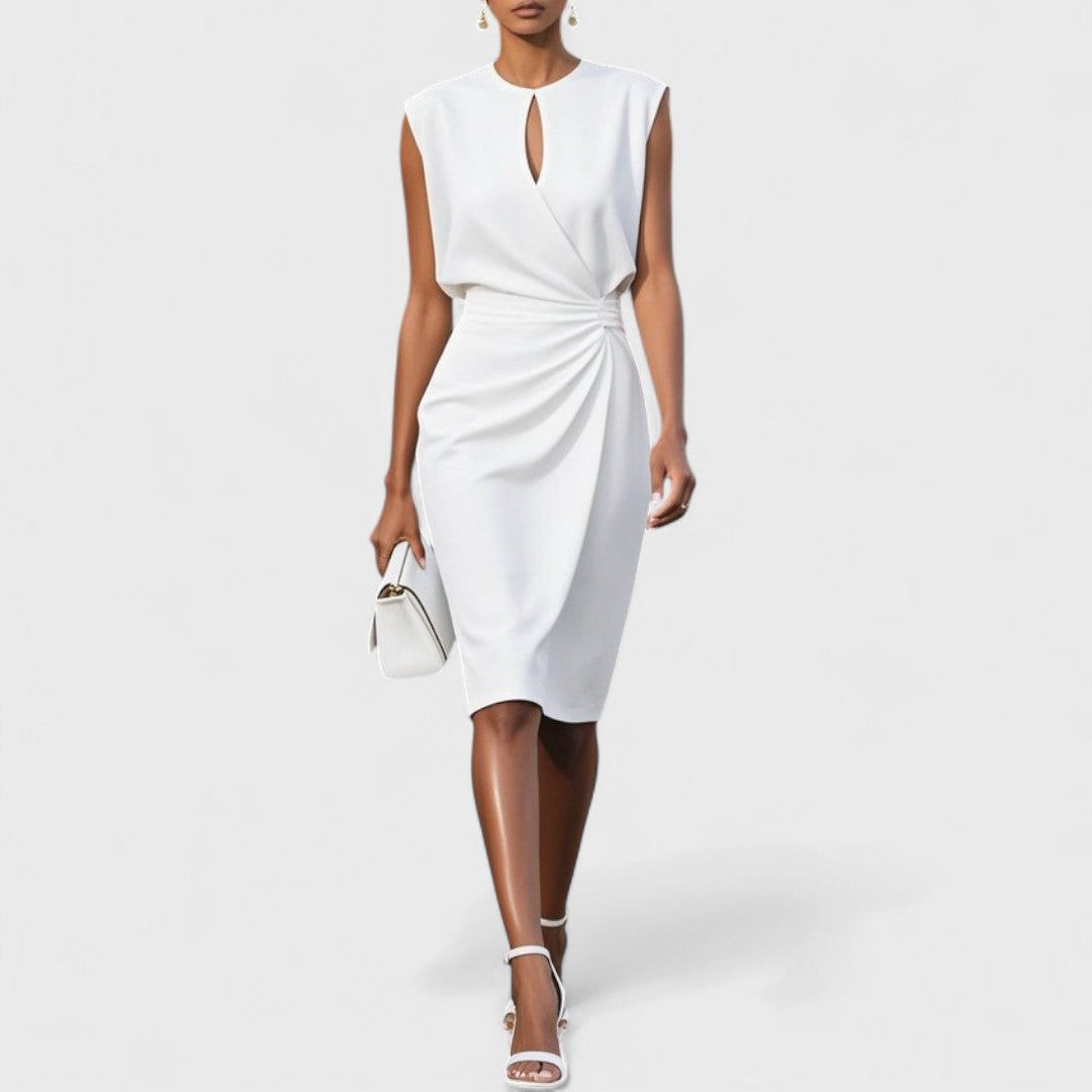 Keyhole Draped Waist Midi Dress - White