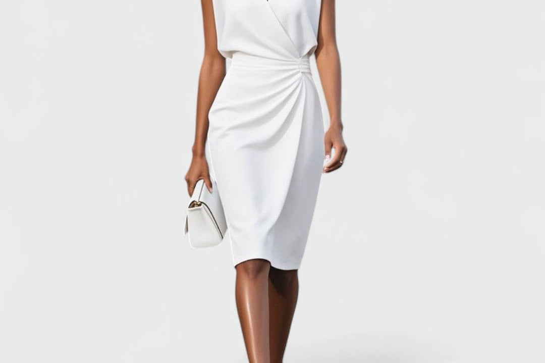 Keyhole Draped Waist Midi Dress - White