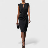 Keyhole Draped Waist Midi Dress - Black