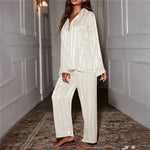 Women's Satin Striped Pajama Lounge Set - White