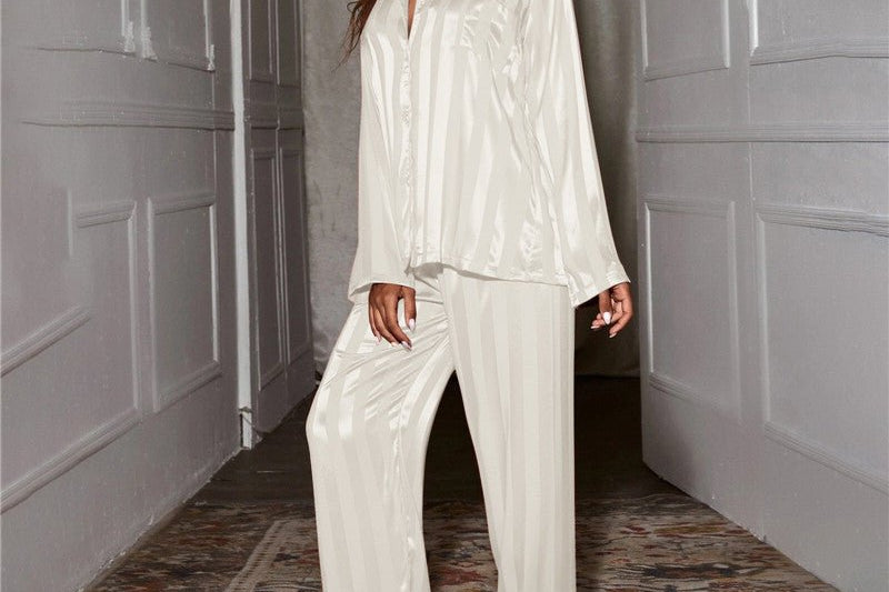 Women's Satin Striped Pajama Lounge Set - White