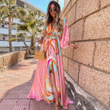 Maxi Dress | Abstract Print Long Summer Dress with Flowy Kimono Sleeves 0