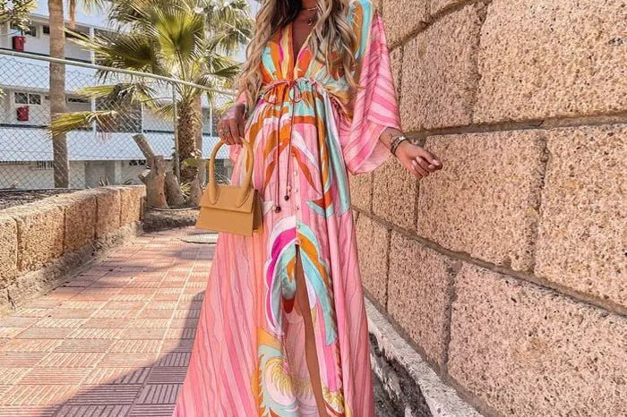 Maxi Dress | Abstract Print Long Summer Dress with Flowy Kimono Sleeves 0