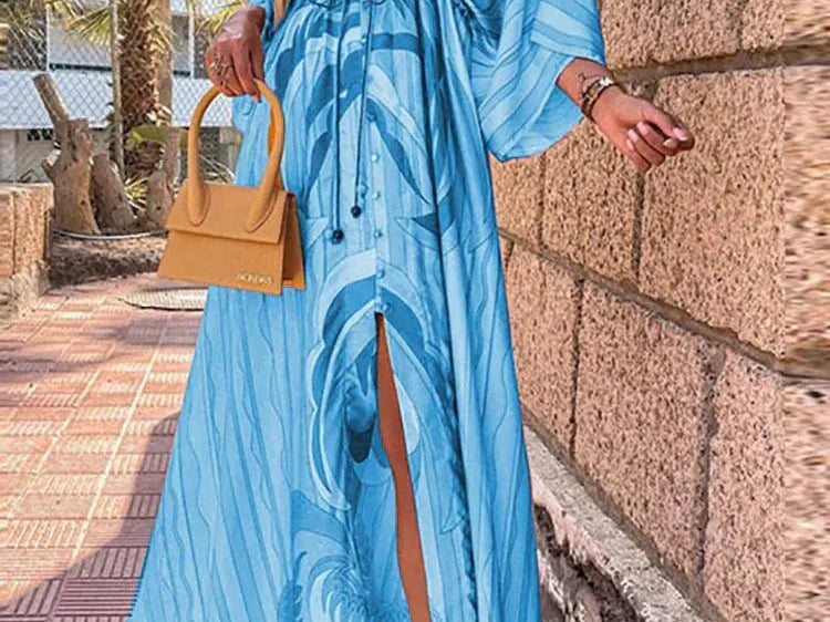 Maxi Dress | Abstract Print Long Summer Dress with Flowy Kimono Sleeves 1