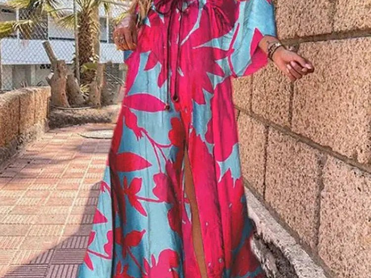 Maxi Dress | Abstract Print Long Summer Dress with Flowy Kimono Sleeves 3