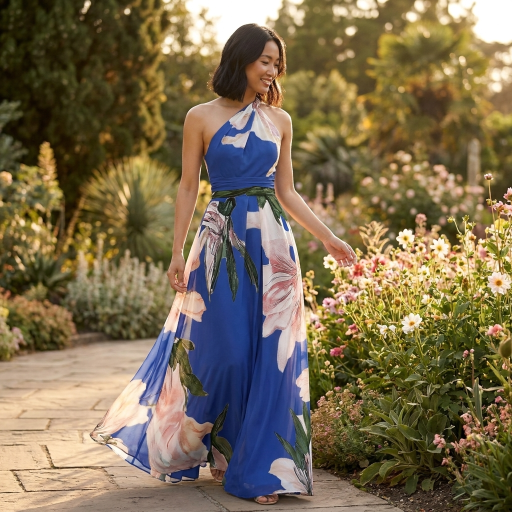 Maxi Dress | Asymmetric Halter Neckline Elegant Floor-Length Gown 1