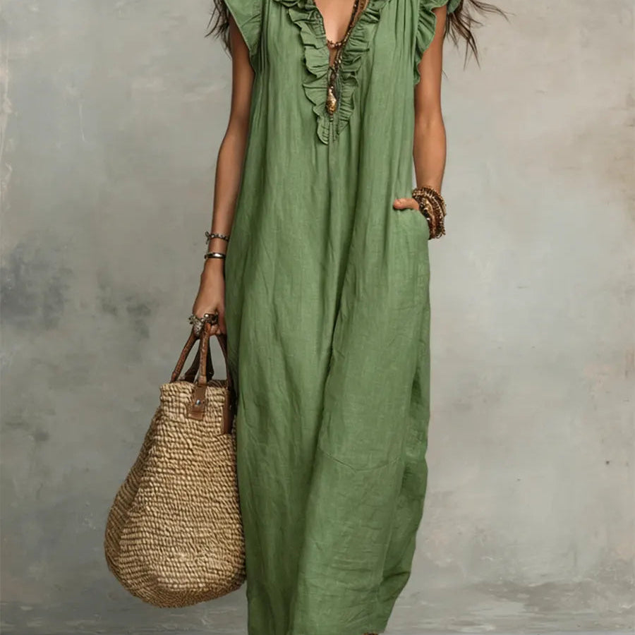 Maxi Dress | Bohemian Ruffle V-Neck Long Dress with Sleeves 1