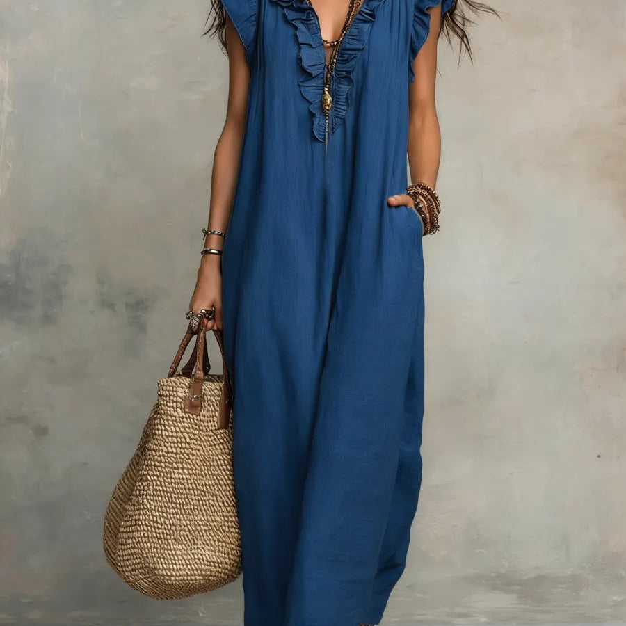 Maxi Dress | Bohemian Ruffle V-Neck Long Dress with Sleeves 2