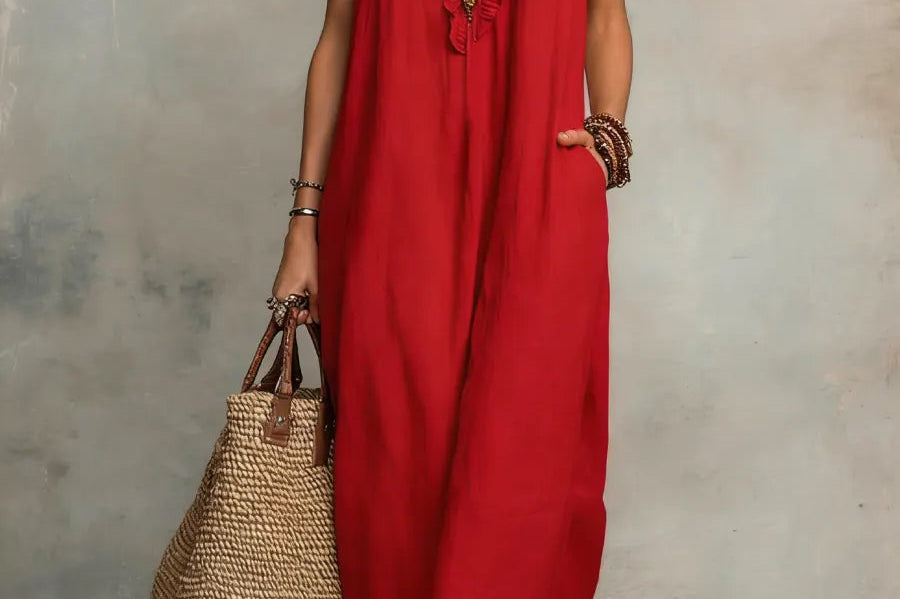 Maxi Dress | Bohemian Ruffle V-Neck Long Dress with Sleeves 3