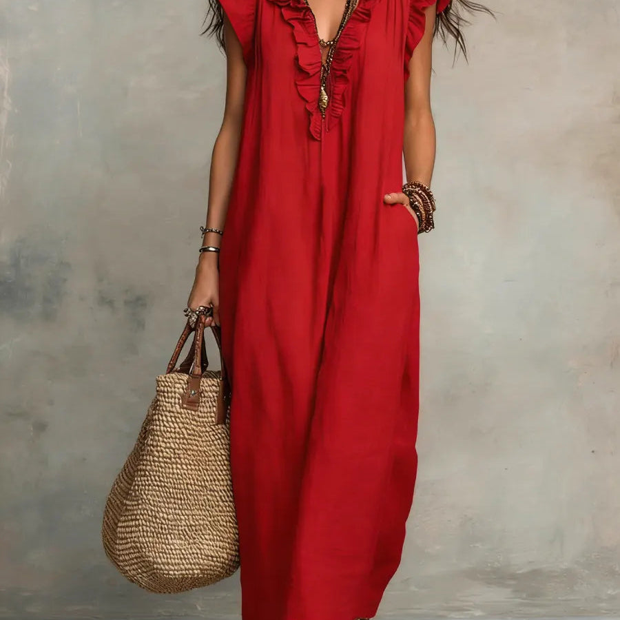 Maxi Dress | Bohemian Ruffle V-Neck Long Dress with Sleeves 3
