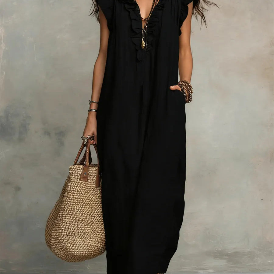 Maxi Dress | Bohemian Ruffle V-Neck Long Dress with Sleeves 5