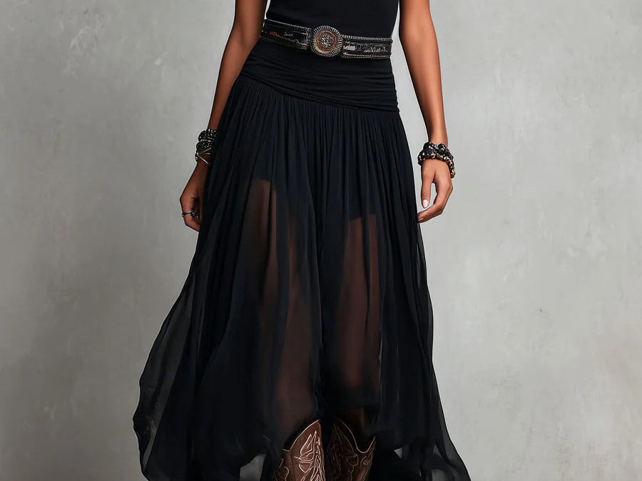 Maxi Dress | Boho Style Long Dress with Sheer Tulle Skirt and Fitted Bodice 0