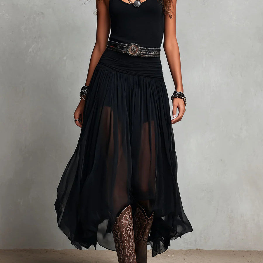 Maxi Dress | Boho Style Long Dress with Sheer Tulle Skirt and Fitted Bodice 0
