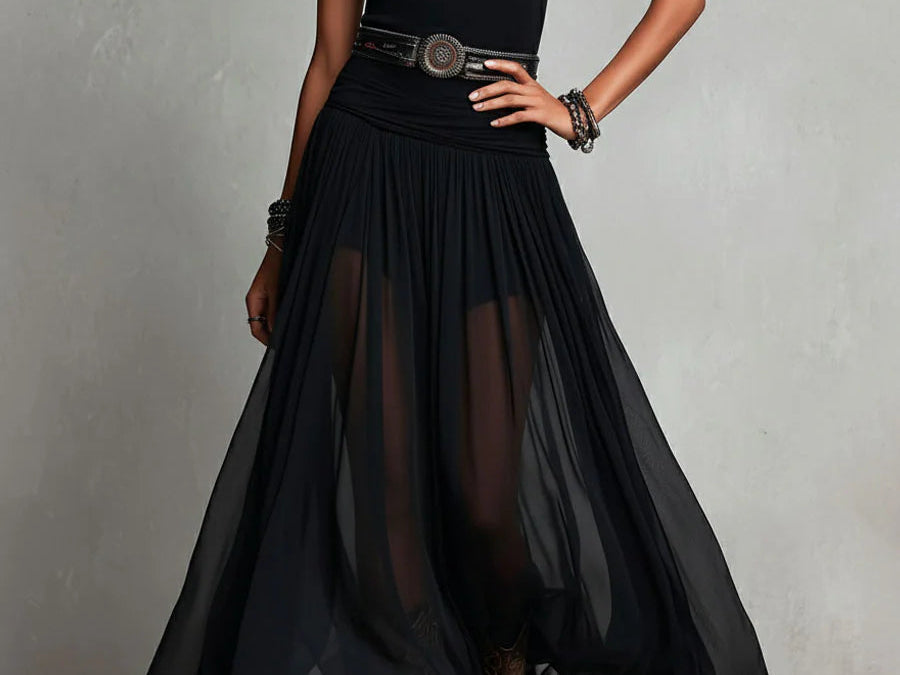Maxi Dress | Boho Style Long Dress with Sheer Tulle Skirt and Fitted Bodice 1