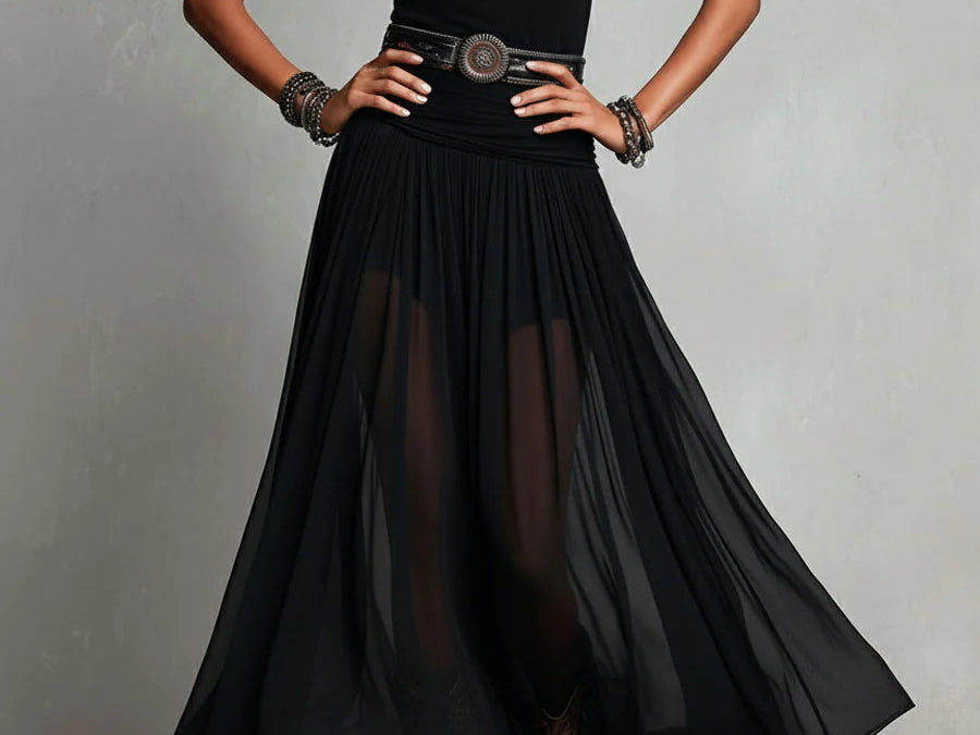 Maxi Dress | Boho Style Long Dress with Sheer Tulle Skirt and Fitted Bodice 2