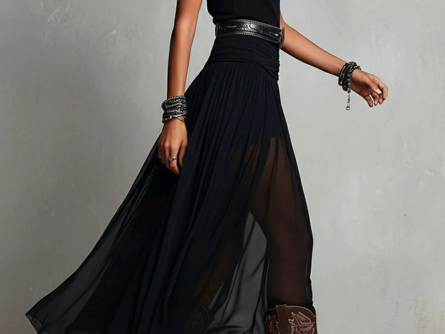 Maxi Dress | Boho Style Long Dress with Sheer Tulle Skirt and Fitted Bodice 3