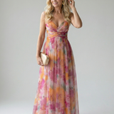 Maxi Dress | Elegant Watercolor Print Long Summer Dress with Flattering Silhouette 0