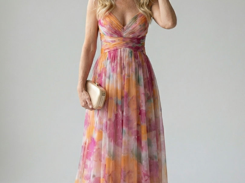 Maxi Dress | Elegant Watercolor Print Long Summer Dress with Flattering Silhouette 0