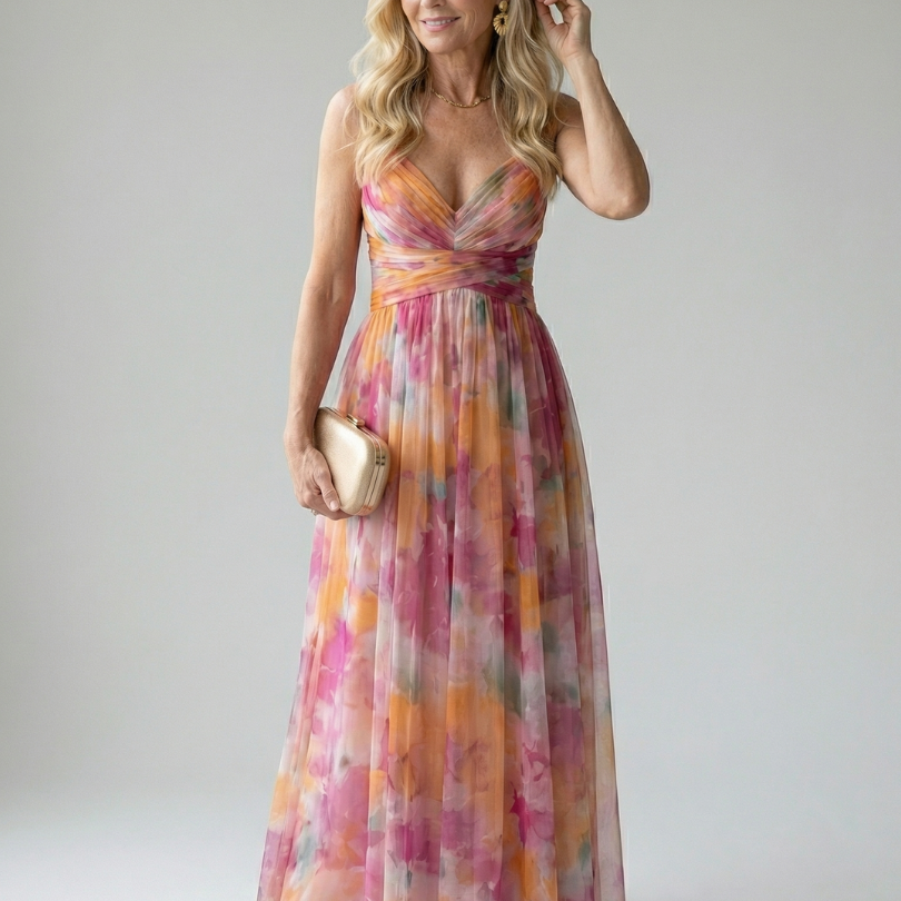 Maxi Dress | Elegant Watercolor Print Long Summer Dress with Flattering Silhouette 0