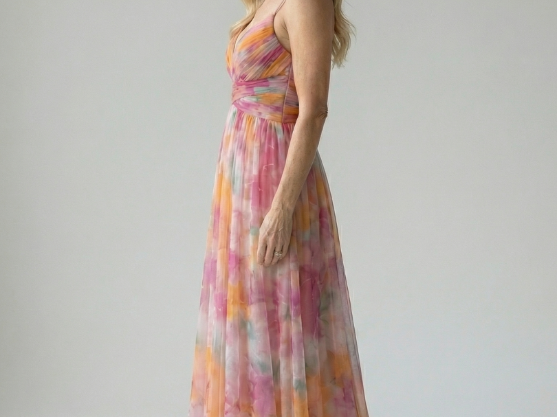 Maxi Dress | Elegant Watercolor Print Long Summer Dress with Flattering Silhouette 1
