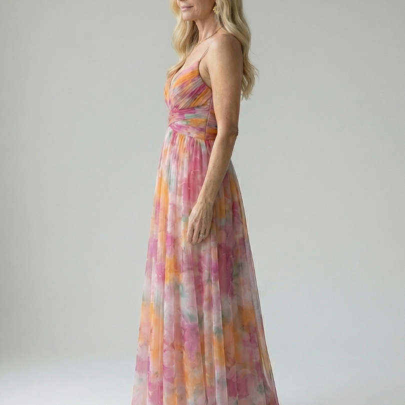 Maxi Dress | Elegant Watercolor Print Long Summer Dress with Flattering Silhouette 1