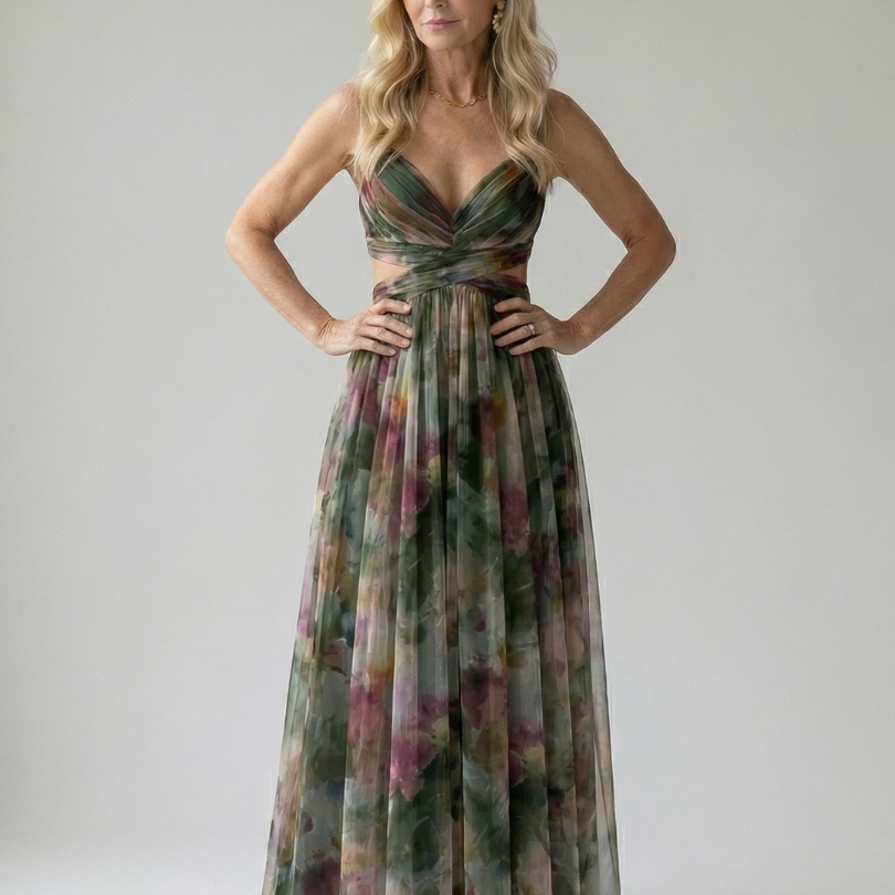 Maxi Dress | Elegant Watercolor Print Long Summer Dress with Flattering Silhouette 11