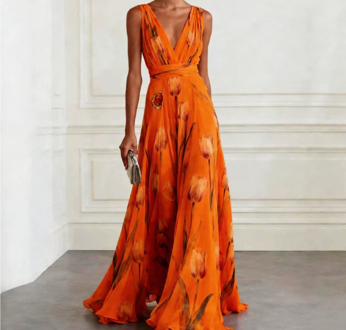 Maxi Dress | Floral Print Long Summer Dress | Elegant V-Neck Sleeveless Design 4