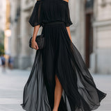 Maxi Dress | Off-Shoulder Formal Long Dress | Elegant Pleated Design with Sheer Sleeves 0