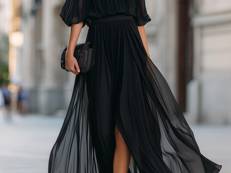 Maxi Dress | Off-Shoulder Formal Long Dress | Elegant Pleated Design with Sheer Sleeves 0