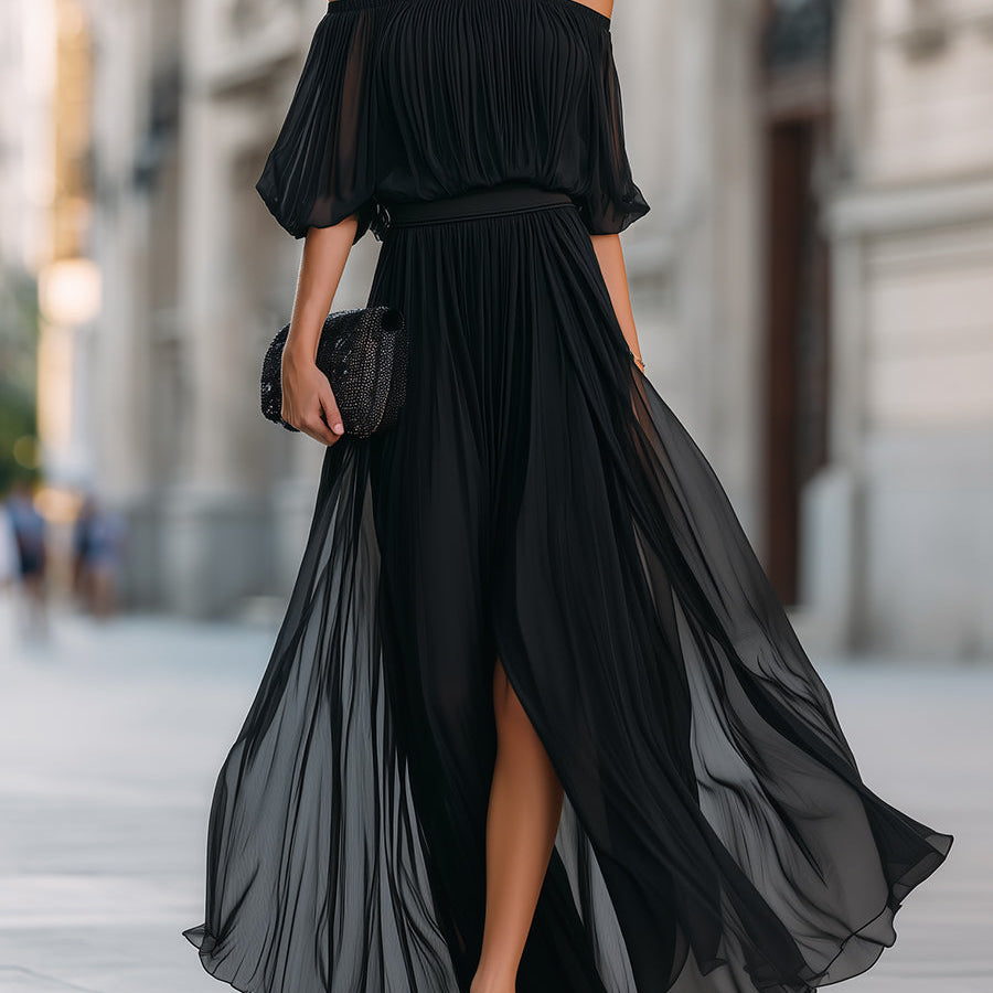 Maxi Dress | Off-Shoulder Formal Long Dress | Elegant Pleated Design with Sheer Sleeves 0