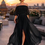 Maxi Dress | Off-Shoulder Formal Long Dress | Elegant Pleated Design with Sheer Sleeves 1