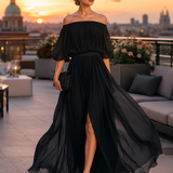 Maxi Dress | Off-Shoulder Formal Long Dress | Elegant Pleated Design with Sheer Sleeves 1