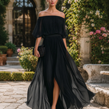 Maxi Dress | Off-Shoulder Formal Long Dress | Elegant Pleated Design with Sheer Sleeves 4