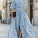 Maxi Dress | Off-Shoulder Formal Long Dress | Elegant Pleated Design with Sheer Sleeves 5