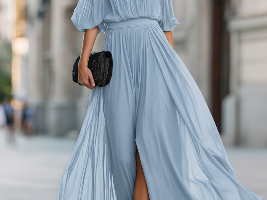 Maxi Dress | Off-Shoulder Formal Long Dress | Elegant Pleated Design with Sheer Sleeves 5