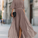 Maxi Dress | Off-Shoulder Formal Long Dress | Elegant Pleated Design with Sheer Sleeves 6